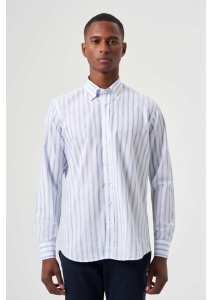 Regular Fit Klasik Çizgili Mavi Erkek Gömlek GM23Y231041_D35