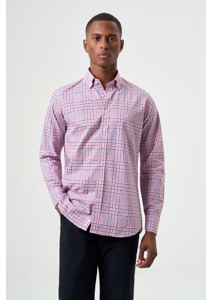 Regular Fit Kırmızı Ekoseli Paşa Yaka Spor Erkek Gömlek GM23Y231031_D24