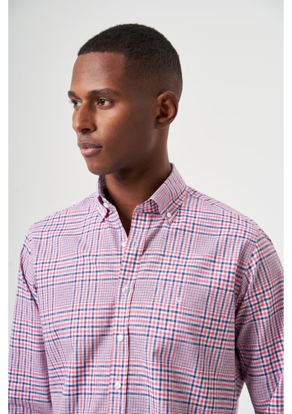 Regular Fit Kırmızı Ekoseli Paşa Yaka Spor Erkek Gömlek GM23Y231031_D24 modelleri