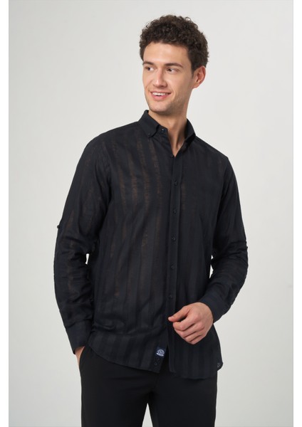 Regular Fit Paşa Yaka Transparan Siyah Erkek Gömlek GM23Y231060_D99