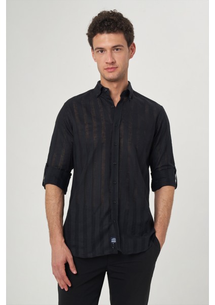 Regular Fit Paşa Yaka Transparan Siyah Erkek Gömlek GM23Y231060_D99 modelleri