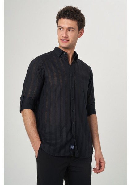 Regular Fit Paşa Yaka Transparan Siyah Erkek Gömlek GM23Y231060_D99 fırsatları