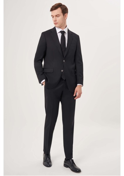 Comfort Fit Mono Yaka Drop 6 Çift Yırtmaçlı Siyah Erkek Yün Takım Elbise PTK23YNOS001_D99