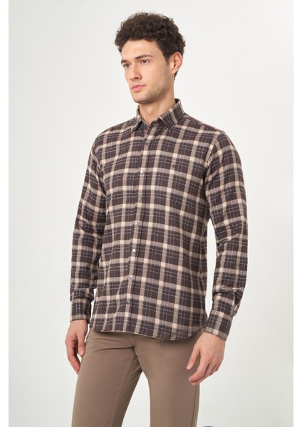Regular Fit Kahve Flanel Çıtçıtlı Erkek Gömlek GM22K222100_D11