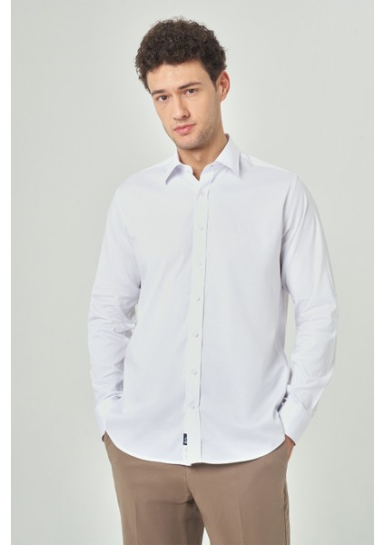 Regular Fit Twill Dokulu Beyaz Spor Erkek Gömlek GM23Y231053_D01