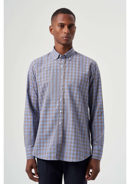 Regular Fit Paşa Yaka Ekoseli Kahve Erkek Gömlek GM23K232024_D11