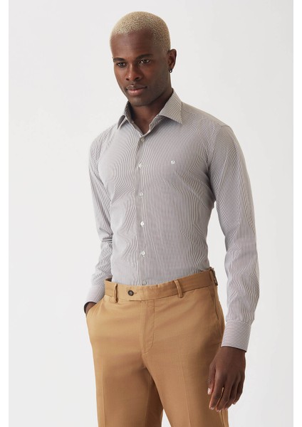 Erkek Kahve Pamuk Regular Fit Uzun Kol Klasik Gömlek GM22K222016_C11