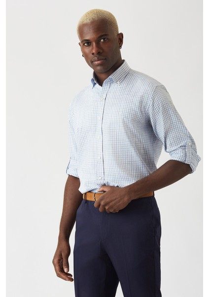 Erkek Mavi Pamuk Regular Fit Spor Gömlek GM22K222027_K35