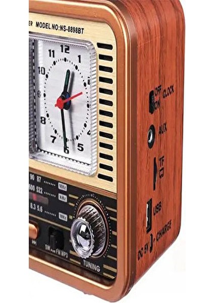 NS-8898BT Nostaljik Radyo Analog Saatli Fm Radyo Bluetooth Hoparlör USB Tf Aux Mp3 Çalar fırsatları