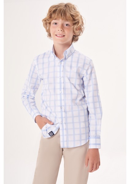 Regular Fit Yaka Düğmeli Mavi Erkek Çocuk Gömlek GM23Y231169_D35