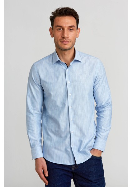 Modern Fit Klasik Dik Yaka Mavi Erkek Gömlek GMDGR0122300211_D35