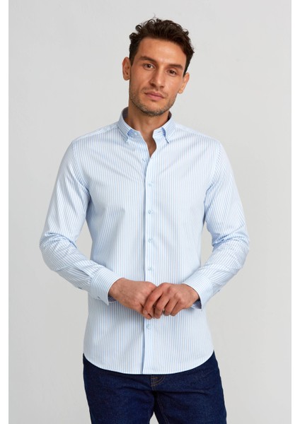 Modern Fit Paşa Yaka Düğmeli Açık Mavi Saten Erkek Gömlek GMCZG0822300220_D33