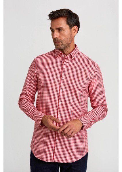 Modern Fit Gizli Düğme Yakalı Kırmızı Spor Erkek Gömlek GMKRA0122300202_D24