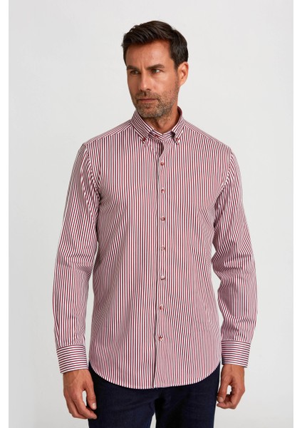 Modern Fit Düğmeli Yaka Bordo Saten Erkek Gömlek GMCZG0822300220_D25