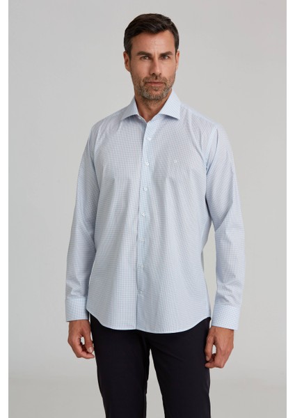 Regular Fit İtalyan Yaka Kareli Mavi Erkek Gömlek GM23K232072_D35
