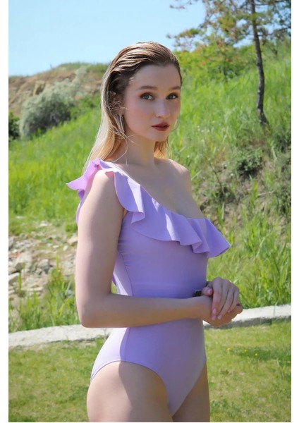 Moda Kadın Tek Omuz Fırfırlı Mayo Lila modelleri