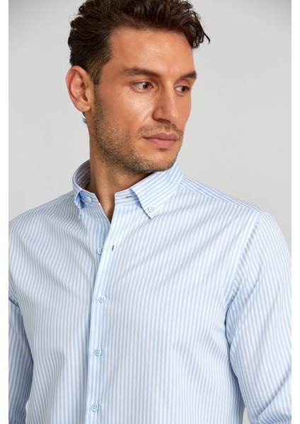 Modern Fit Paşa Yaka Düğmeli Açık Mavi Saten Erkek Gömlek GMCZG0822300220_D33 fırsatları