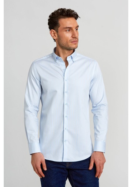 Modern Fit Paşa Yaka Düğmeli Açık Mavi Saten Erkek Gömlek GMCZG0822300220_D33 indirimleri