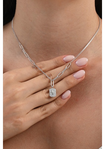 925 Ayar Gümüş Rodyumlu Zirkon Taşlı Ataç Zincir Detaylı Künye Modeli Kuzey Yıldızı Kolye SGTL13091RODAJ