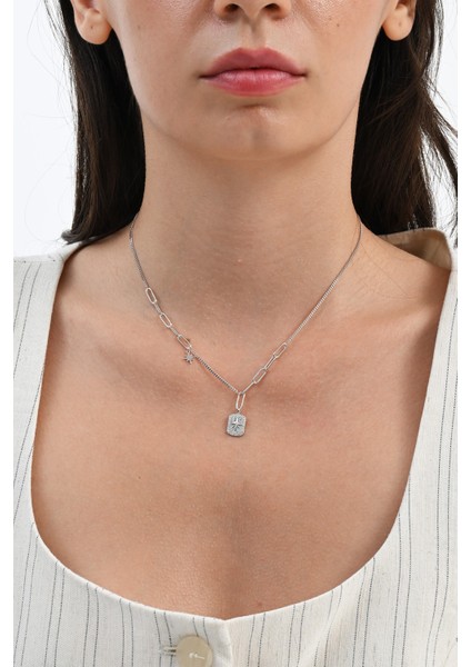 925 Ayar Gümüş Rodyumlu Zirkon Taşlı Ataç Zincir Detaylı Künye Modeli Kuzey Yıldızı Kolye SGTL13091RODAJ fiyatları