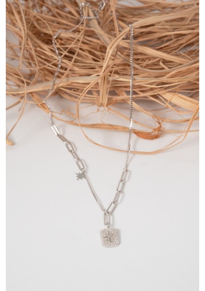 925 Ayar Gümüş Rodyumlu Zirkon Taşlı Ataç Zincir Detaylı Künye Modeli Kuzey Yıldızı Kolye SGTL13091RODAJ fırsatları