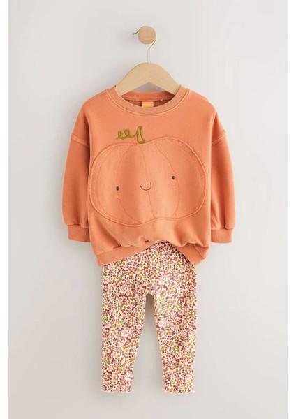 Oversize Balkabağı Desenli Çiçek Taytlı Kız çocuk takım - Turuncu