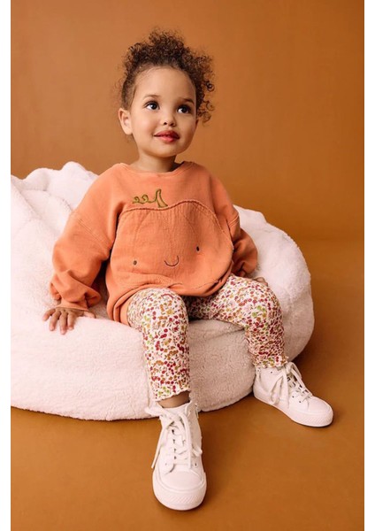 Oversize Balkabağı Desenli Çiçek Taytlı Kız çocuk takım - Turuncu modelleri