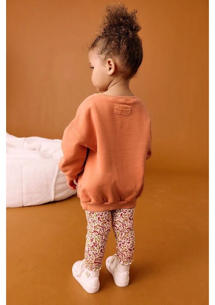 Oversize Balkabağı Desenli Çiçek Taytlı Kız çocuk takım - Turuncu fırsatları