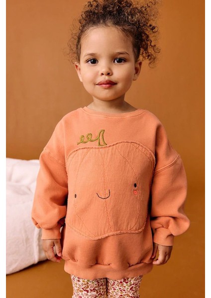 Oversize Balkabağı Desenli Çiçek Taytlı Kız çocuk takım - Turuncu indirimleri