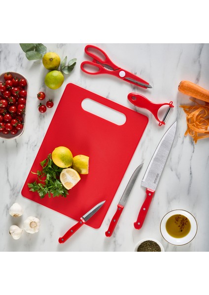 Sharp 6 Parça Kesme Tahtalı, Makaslı Bıçak Seti Kırmızı