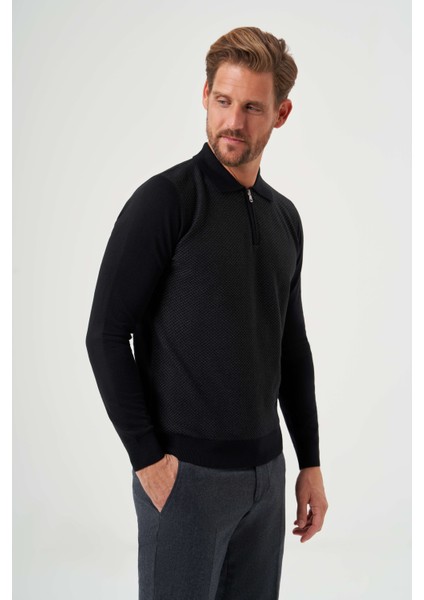 Polo Yaka Fermuar Detaylı Siyah Jakarlı Erkek Triko TR23K23205_D99
