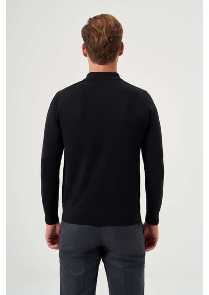 Polo Yaka Fermuar Detaylı Siyah Jakarlı Erkek Triko TR23K23205_D99 fiyatları