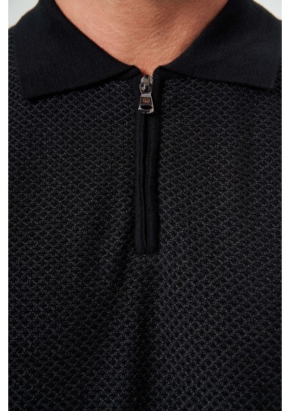 Polo Yaka Fermuar Detaylı Siyah Jakarlı Erkek Triko TR23K23205_D99 modelleri