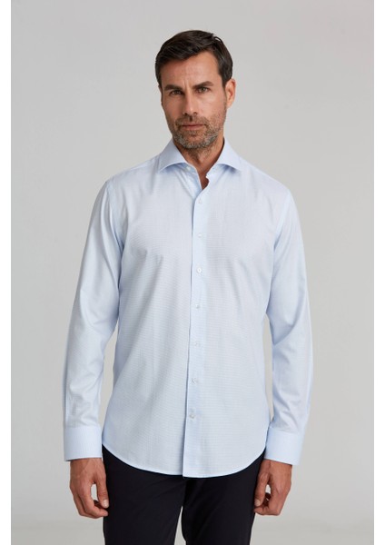 Modern Fit Yarım İtalyan Yaka Mavi Klasik Erkek Gömlek GMARS0422302101_D35