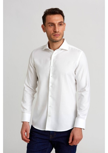 Modern Fit Yarım İtalyan Yaka Beyaz Klasik Erkek Gömlek GMARS0422302101_D01 fırsatları