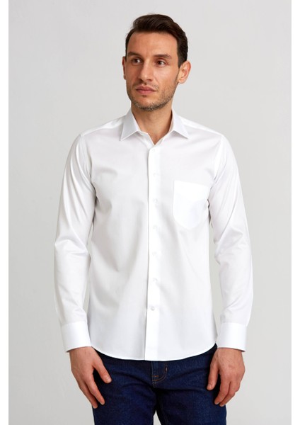 Regular Fit Beyaz Saten Klasik Erkek Gömlek GM23K232064_D01