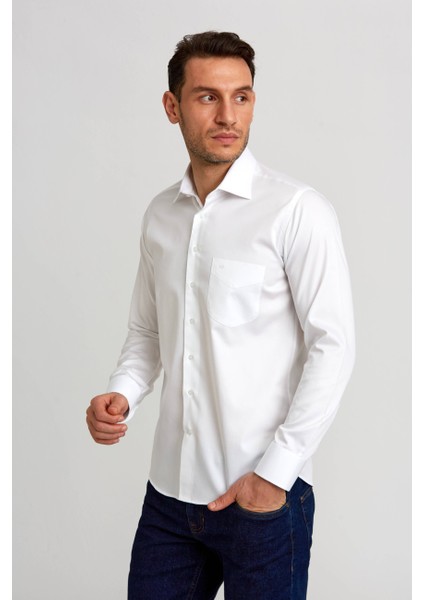 Regular Fit Beyaz Saten Klasik Erkek Gömlek GM23K232064_D01 indirimleri