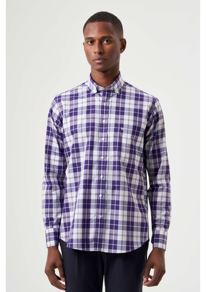 Regular Fit Paşa Yaka Ekoseli Lila Erkek Gömlek GM23K232009_D44