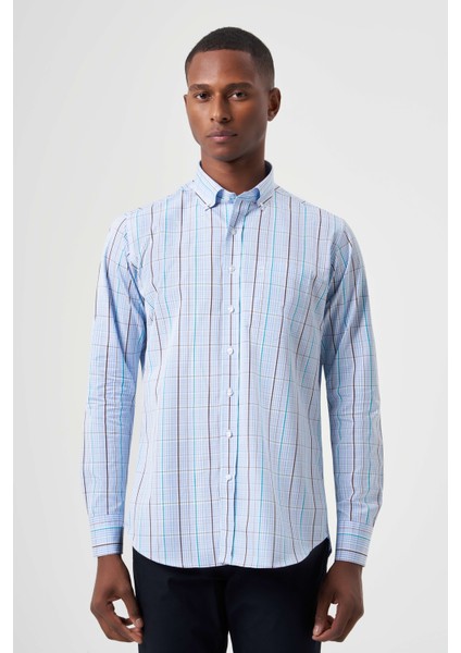 Regular Fit Paşa Yaka Mavi Basic Spor Erkek Gömlek GM23K232010_D35