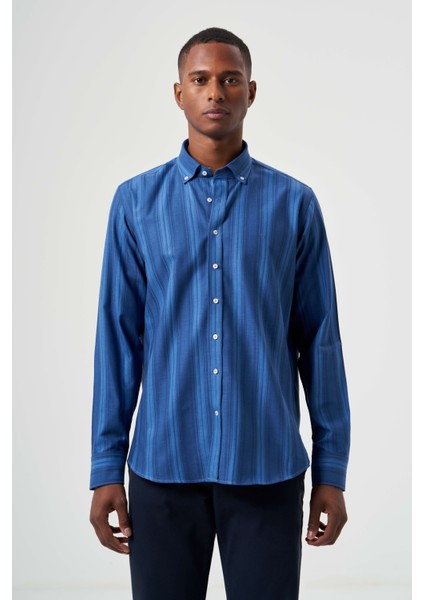 Regular Fit Paşa Yaka Mavi Basic Erkek Gömlek GM23K232022_D35