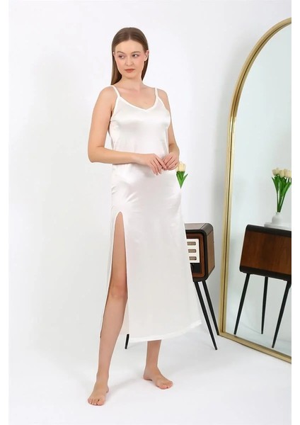 Moda Yırtmaçlı Uzun Saten Gecelik Ekru fiyatları