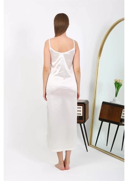 Moda Yırtmaçlı Uzun Saten Gecelik Ekru fırsatları