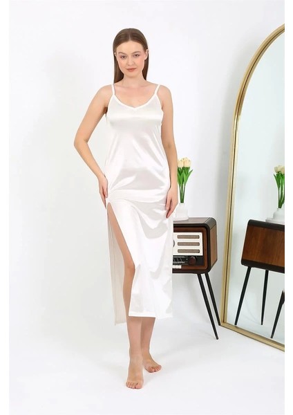 Moda Yırtmaçlı Uzun Saten Gecelik Ekru indirimleri