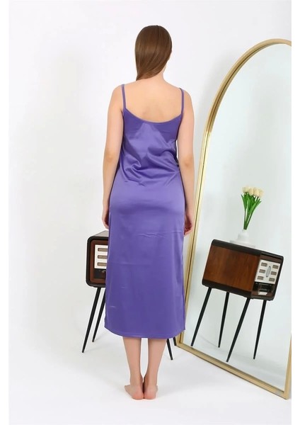 Moda Yırtmaçlı Uzun Saten Gecelik Mor indirimleri