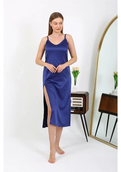 Moda Yırtmaçlı Uzun Saten Gecelik Lacivert indirimleri