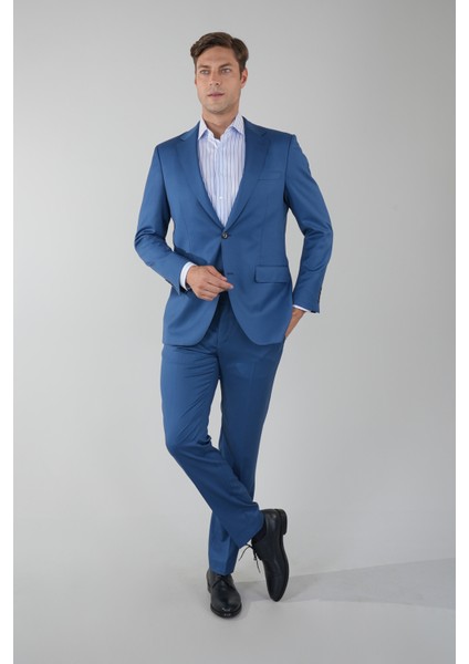 Comfort Fit Mono Yaka Drop 6 Çift Yırtmaçlı Açık Lacivert Erkek Yün Takım Elbise PTK23YNOS001_D38