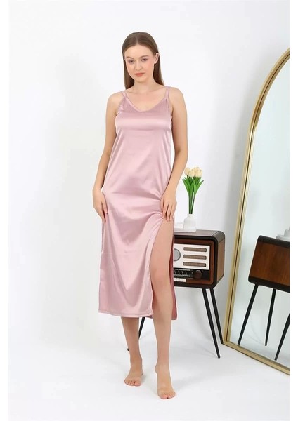 Moda Yırtmaçlı Uzun Saten Gecelik Pudra fiyatları