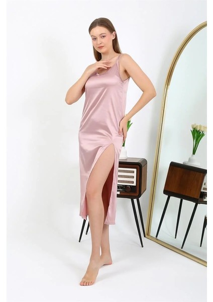 Moda Yırtmaçlı Uzun Saten Gecelik Pudra fırsatları