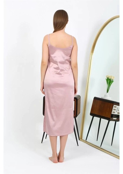 Moda Yırtmaçlı Uzun Saten Gecelik Pudra indirimleri