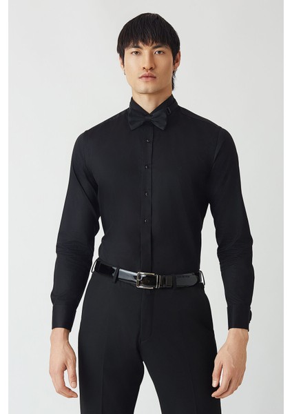 Siyah Pamuk Ata Yaka Slim Fit Erkek Gömlek GM21Y211350_D99